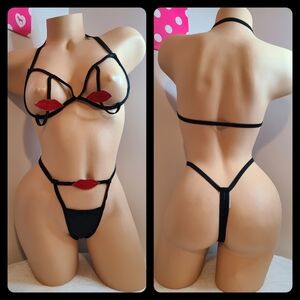Rare VTG Frederick's Sexy Strappy Lips Bralette/ Panty Set OS One Size 💋